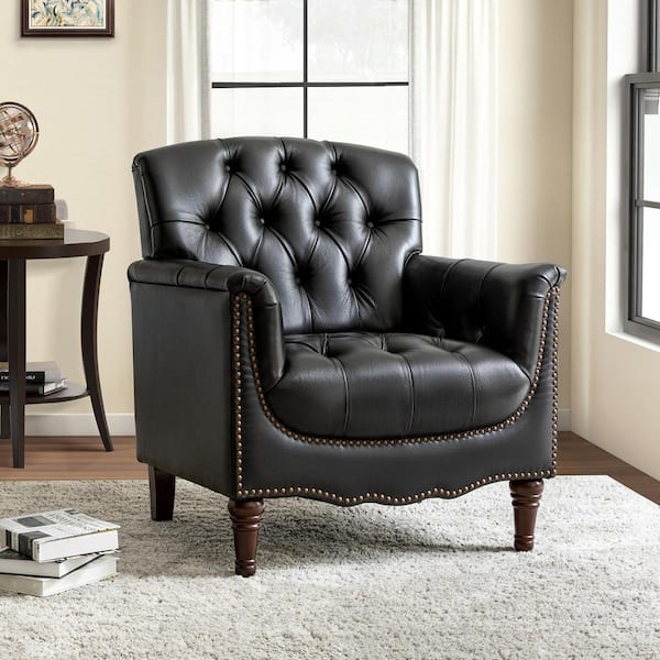 JAYDEN CREATION Elijah Traditional Black Genuine Leather Button-tufted Armchair with Luxury Style and Solid Wood Legs