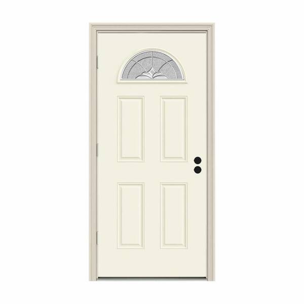 JELD-WEN 34 in. x 80 in. Fan Lite Langford Vanilla Painted Steel Prehung Right-Hand Outswing Front Door w/Brickmould