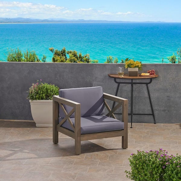 Noble House Brava Grey Removable Cushions Wood Outdoor Patio Lounge Chair with Dark Grey Cushions