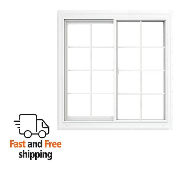 V-2500 Series 35.5 in. W x 35.5 in. H Left-Handed White Vinyl Low-E Sliding Window w/Brickmould Nail Fin Frame and Grids