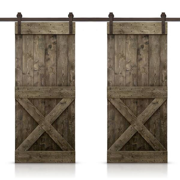 CALHOME Mini X 64 in. x 84 in. Espresso Stained DIY Solid Knotty Pine Wood Interior Double Sliding Barn Door with Hardware Kit