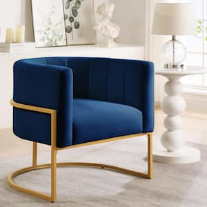 Living Room Chairs Modern Navy Velvet Upholstered Arm Chair with Curve Backrest Accent Chair with Golden Metal Stand