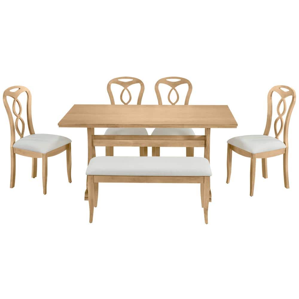 6-Piece Wood Outdoor Dining Set, Trestle Dining Table Set with Upholstered 