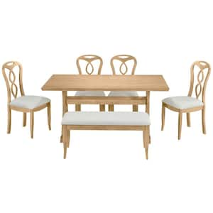 6-Piece Wood Outdoor Dining Set, Trestle Dining Table Set with Upholstered Dining Chairs, Dining Bench and Beige Cushion