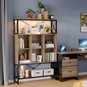 63.78 in. Tall Natural Particle Board Industrial Style 5-Shelf LED Accent Bookcase with Cube