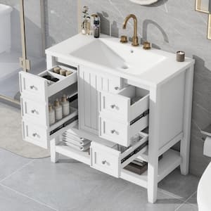 36 in. W x 18 in. D x 34.1 in. H Single Sink Bath Vanity in White with White Ceramic Top, 3 Drawers and Open Shelf