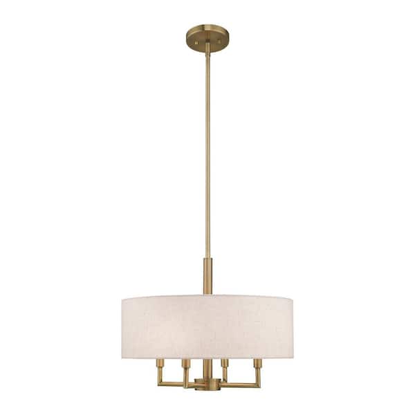 AVIANCE LIGHTING Somerhill 4-Light Antique Brass Pendant Chandelier with Oatmeal Fabric Shade
