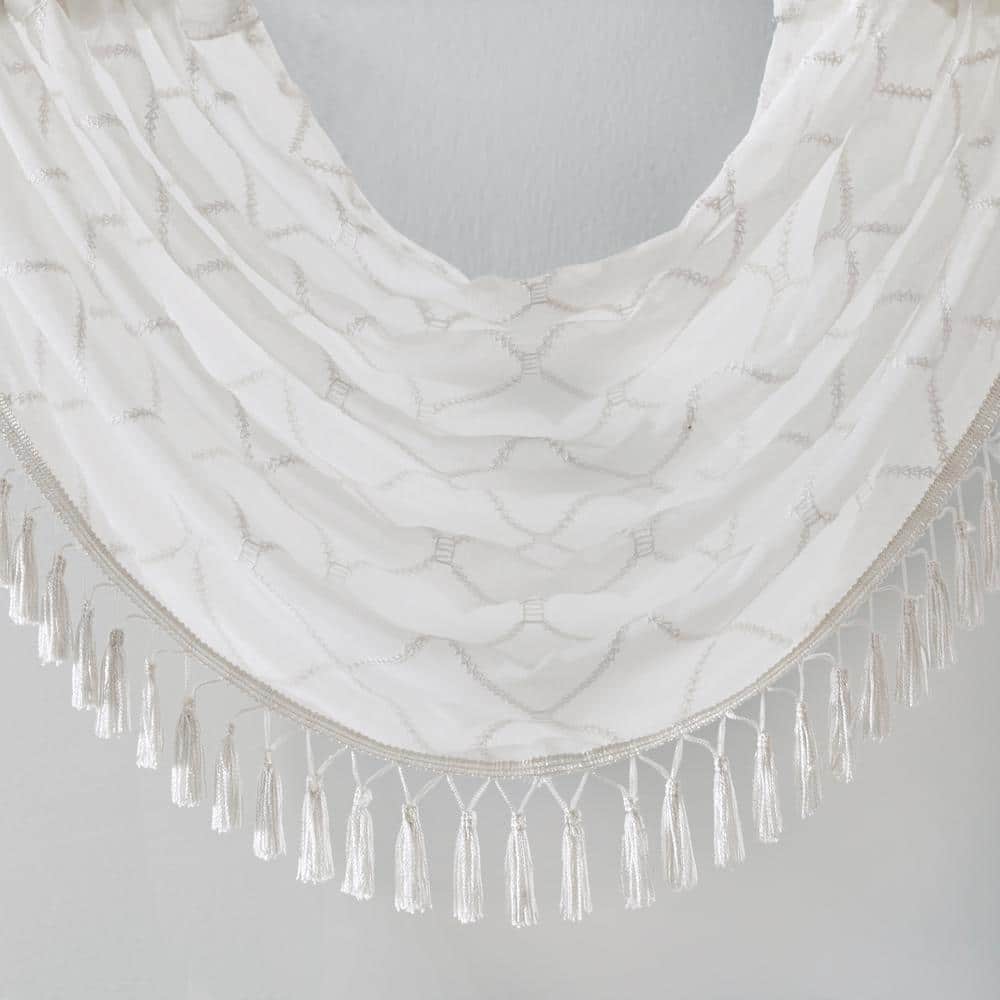 White Sheer Embroidered Waterfall Valance with Tassels
