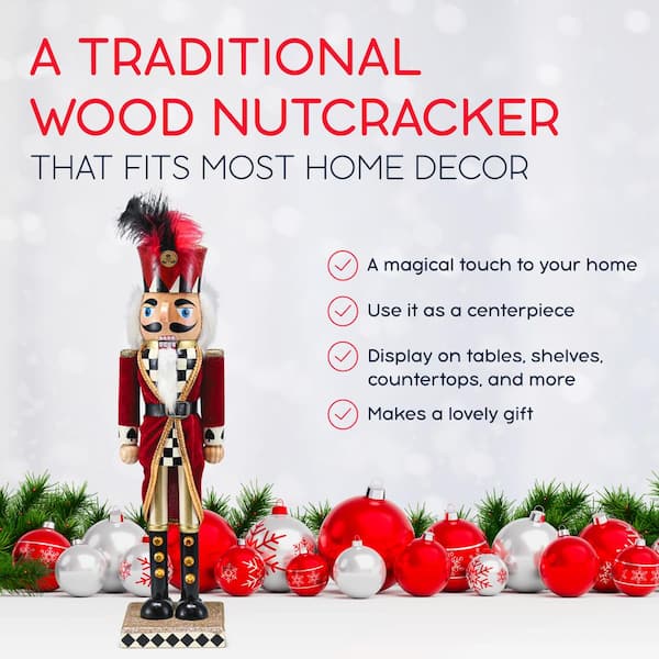 CEROD 15 Inch Red & White Nutcracker – Hand Painted Wood Decoration With Staff, Classic Modern Style