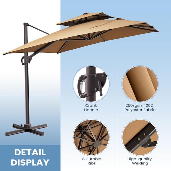 11 ft. x 11 ft. Double Top Patio Cantilever Umbrella with 350 lbs. Wheeled Base Outdoor Offset Umbrella in Tan Brown