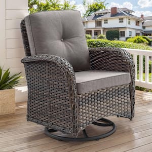 PlainCurve Metal and Brown Wicker Outdoor Rocking Chair Patio Swivel Chairs with Olefin Gray Cushions