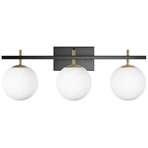 23.62 in. Modern 3-Light Black Dimmable Vanity Light with White Glass Shades