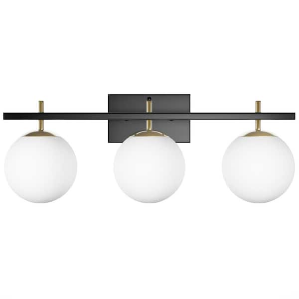aiwen 23.62 in. Modern 3-Light Black Dimmable Vanity Light with White Glass Shades
