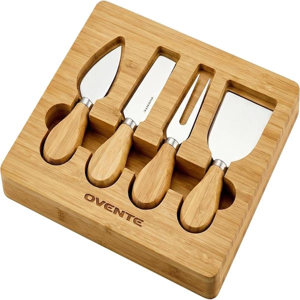 4 Piece Cheese Knife Set with Bamboo Handle & Wooden Case, Complete Stainless Steel Charcuterie Knives, Brown KCS5974B
