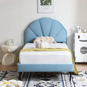 Light Blue Frame Twin Size of Luxury Velvet Platform Bed with Seashell-Shaped Headboard