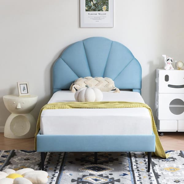 Ahokua Light Blue Frame Twin Size of Luxury Velvet Platform Bed with Seashell-Shaped Headboard