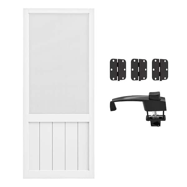 30 in. x 80 in. Universal Solid Pine Screen Door with Lock-Primed White Finish and Gauze Mesh, Hinged Panel Style