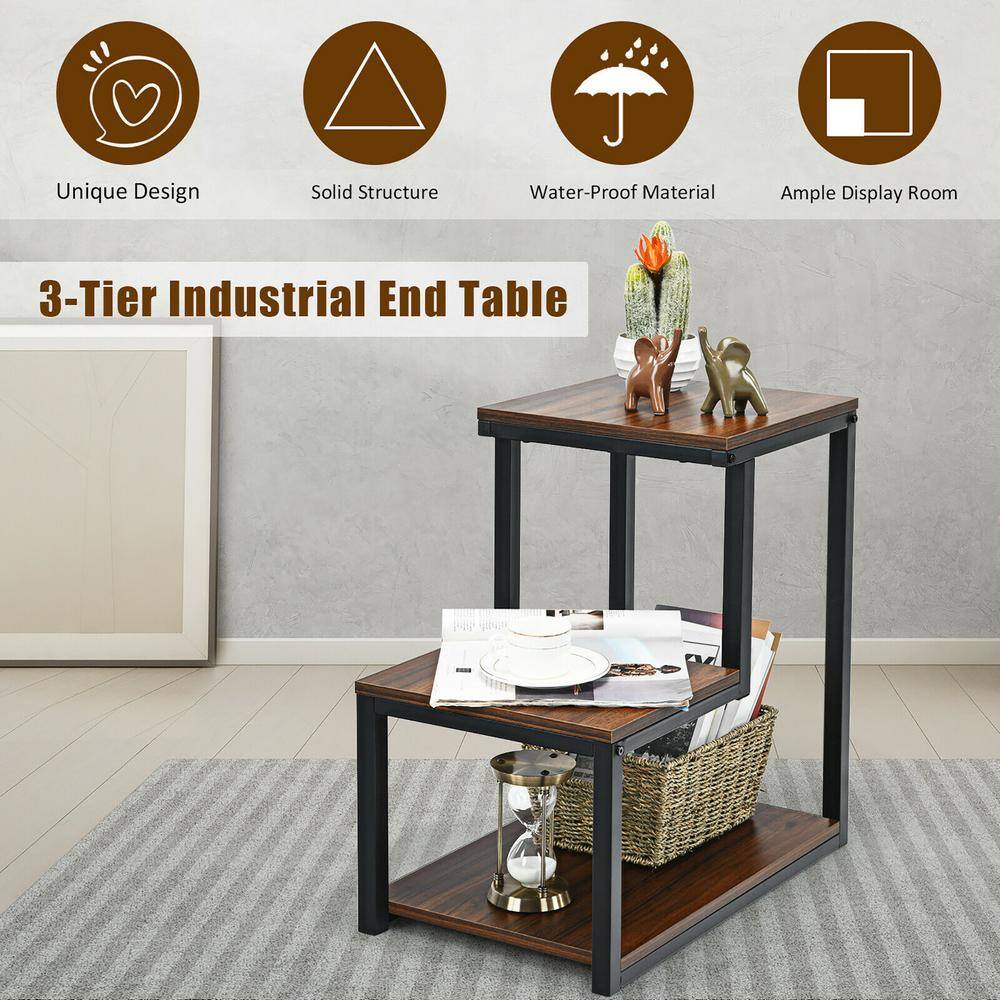 Brown Wood and Metal 3-Tier End Table with Storage