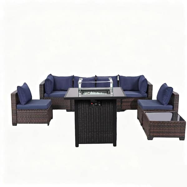 JUSKYS 8-Pieces Brown Wicker Patio Furniture Conversation Set with Firepit Table and Navy-Blue Cushions