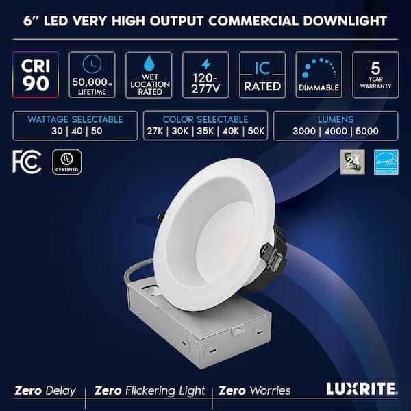 6 In. Integrated LED Commercial Recessed Light J-Box 5CCT 30/40/50W Dimmable 3000/4000/5000LM 120-277V Wet Rated