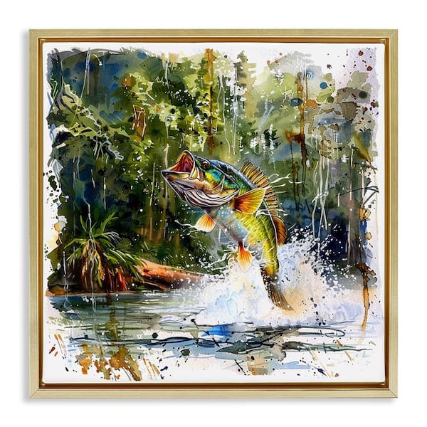 Stupell Industries Jumping Bass Splash by LSR Design Studio Gold Floater Frame Animal Graphic Art Print 18 in. x 18 in.