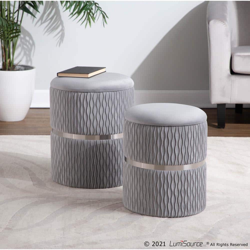 Silver Velvet and Chrome Round Nesting Ottoman Set