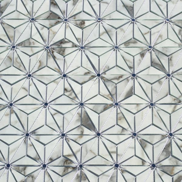 Nature Carrara White Geometric Mosaic 11 in. x 12 in. Marble Look Glass Wall Tile (8.9 sq. ft. / Case)