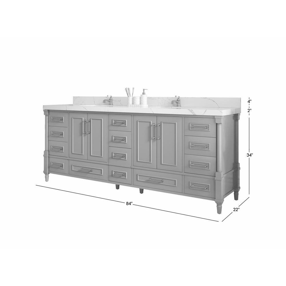 Aberdeen 84" Alabaster Double Sink Freestanding Bathroom Vanity with Quartz Top