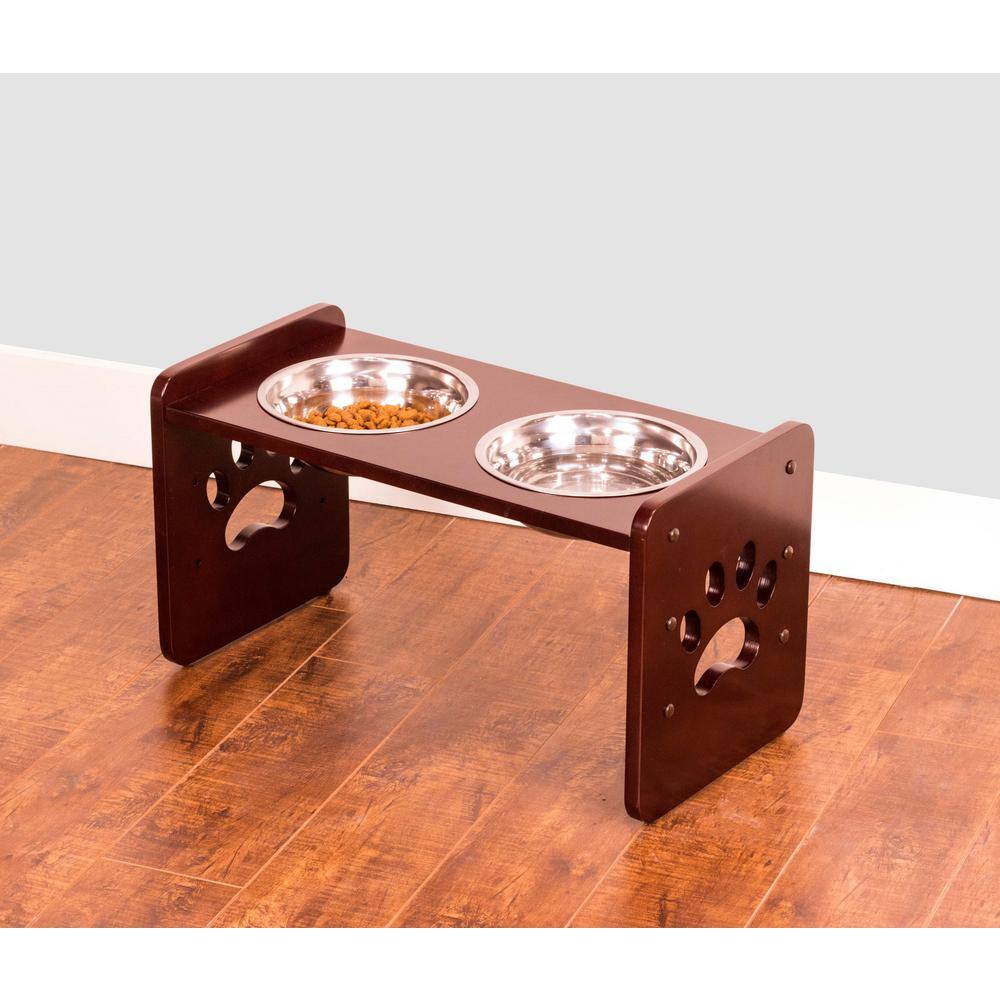 Adjustable Brown Elevated Pet Feeder with Stainless Steel Bowls