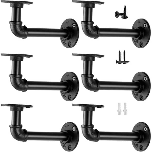 Industrial Pipe Shelf Brackets for 7-14 Boards Heavy Duty Iron L Pipe Floating Shelves Black 6 Pack