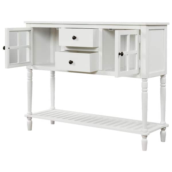 Polibi 42 in. White Rectangle Wood Console Table with Bottom Shelf, Farmhouse Wood/Glass Buffet Storage Cabinet
