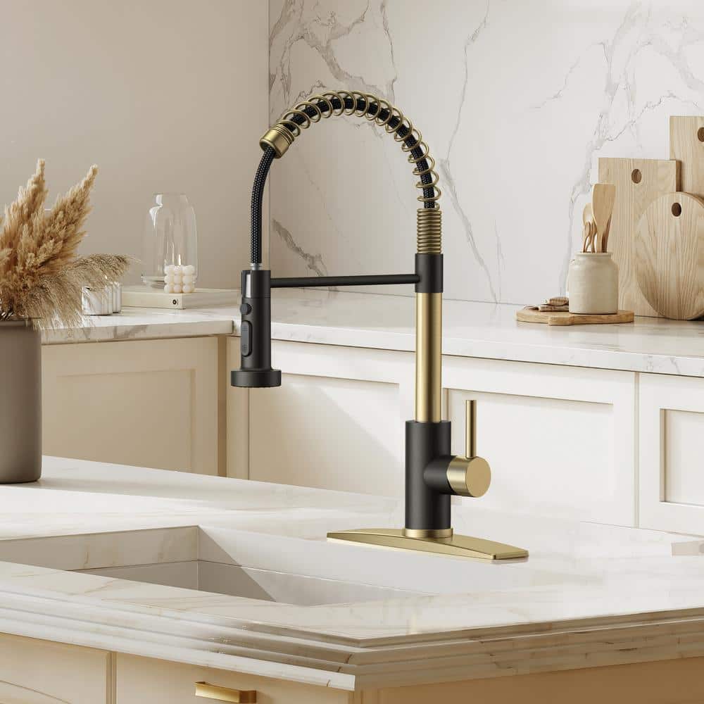 Black and Gold Stainless Steel High-Arc Kitchen Faucet with Pull-Out Spray