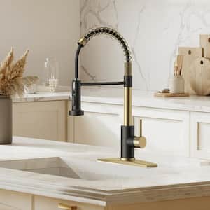 Single Handle Pull Down Sprayer Kitchen Faucet with Deckplate and Swivel Spout in Black Gold