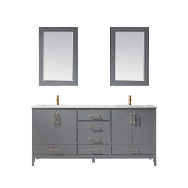 Altair Sutton 72 in. Double Bathroom Vanity Set in Gray and Carrara White Marble Countertop with Mirror