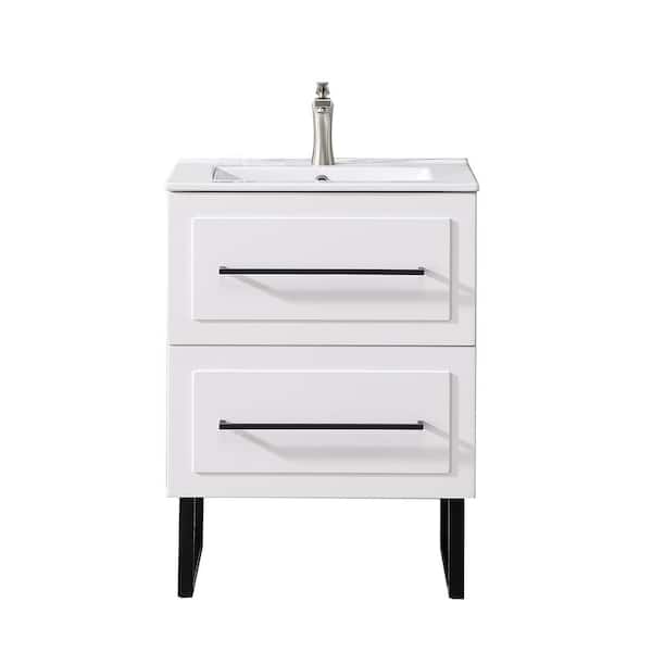 VAPSINT 24 in. W x 15 in. D x 32 in. H 2 Drawers Bathroom Vanity in White with White Ceramic Sink