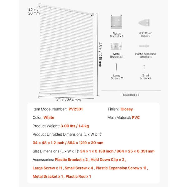 VEVOR Mini Blinds, 34 in. W x 48 in. L, 1 in. Slat Size, Cordless