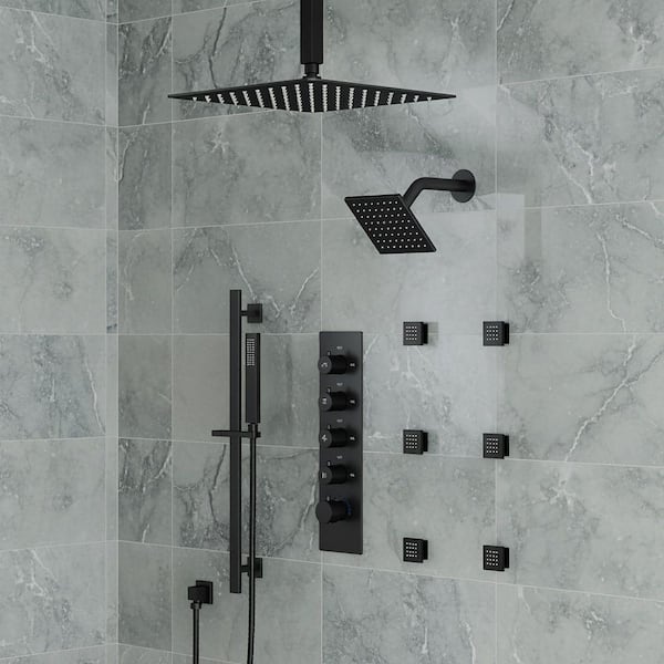 15-Spray Patterns 16 and 6 in. Ceiling Mount Dual Shower Head and Handheld with Sliding Bar 2.5 GPM in Matte Black