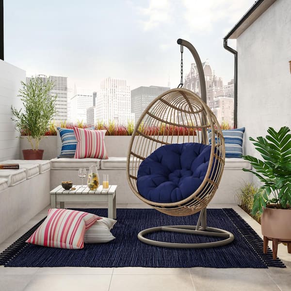 TK CLASSICS 6.2 ft. Wicker Outdoor Free Standing Egg Swing Chair Hammock with Stand and Navy Blue Cushions