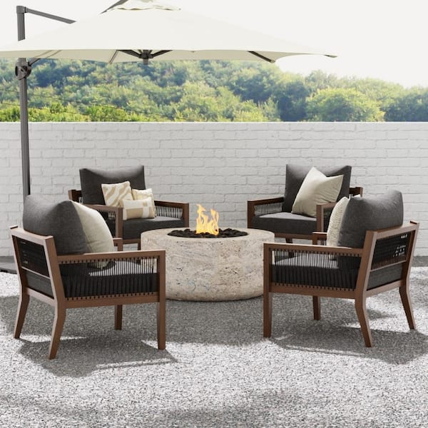 Nathan James Freya Bohemian Dark Acacia Solid Wood Frame Upholstered Outdoor Lounge Chair with Dark Gray Cushion, Set of 4