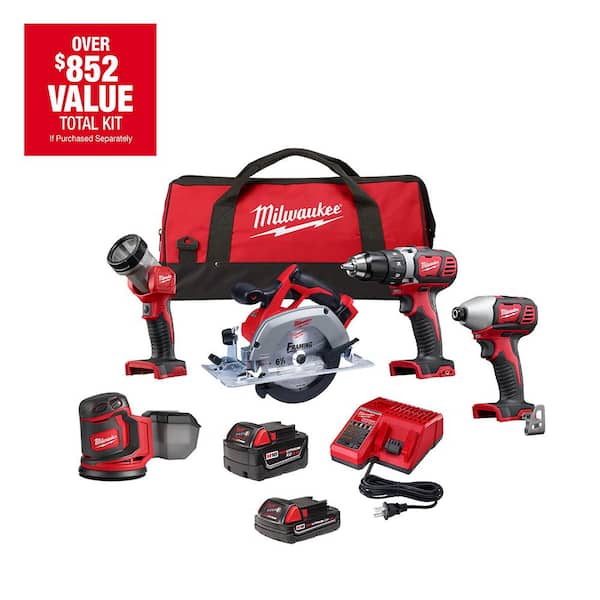 Milwaukee M18 18V Lithium-Ion Cordless Combo Kit (5-Tool) with 2-Batteries, Charger and Tool Bag