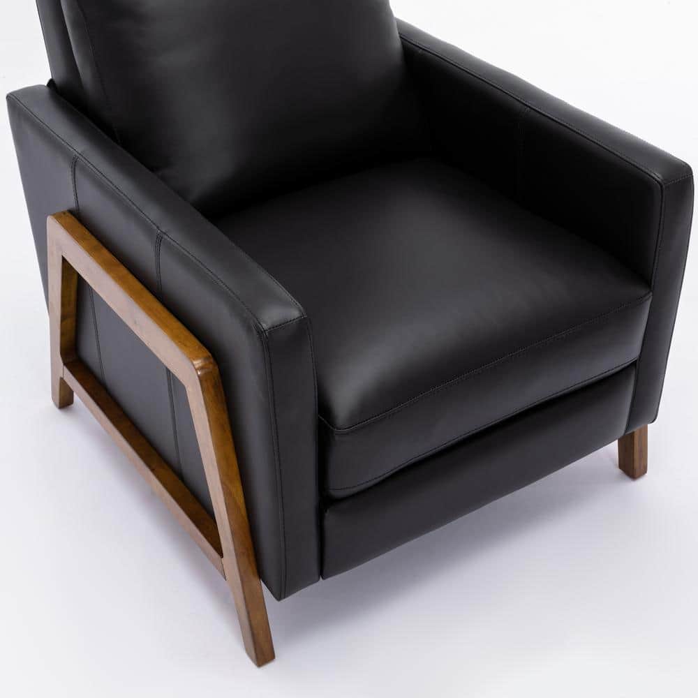 Reed Black Leather and Wood Push Back Recliner