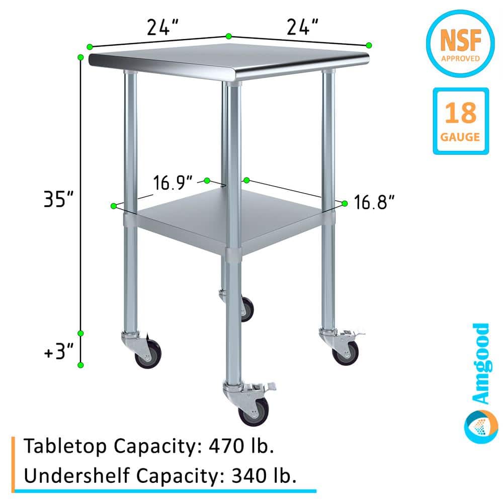24" Stainless Steel Work Table with Galvanized Undershelf and Casters