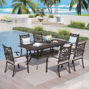 Brown 7-Piece Cast Aluminum Patio Outdoor Dining Set With Extendable Table and Dining Chairs With Beige Cushion