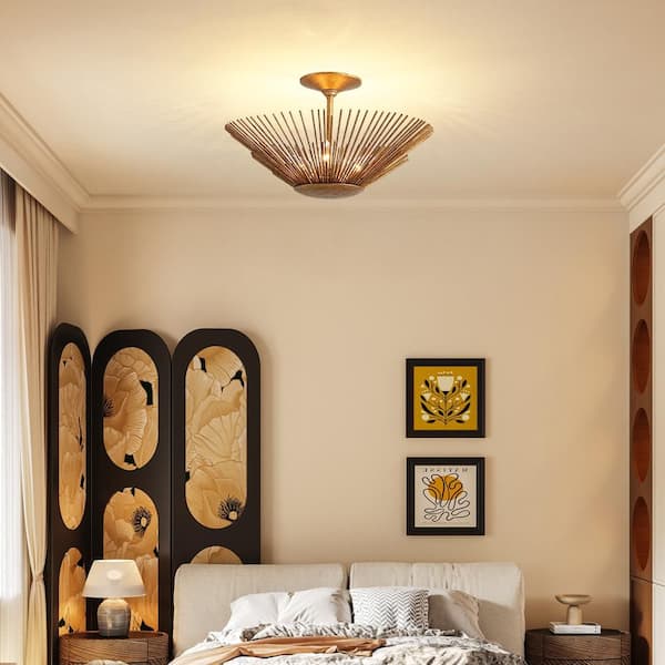 HUOKU Dopul 3-Light 17 in.W Distressed Gold Semi-Flush Mount Cone