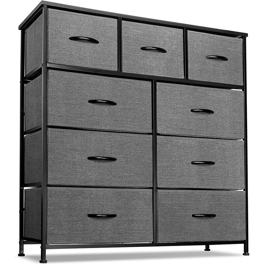 Sorbus 9-Drawer Black Rustic Dresser with Steel Frame Wood Top Easy Pull Fabric Bins 39.5 in. L x 11.5 in. W x 39.5 in. H -  DRW-9D-BLK