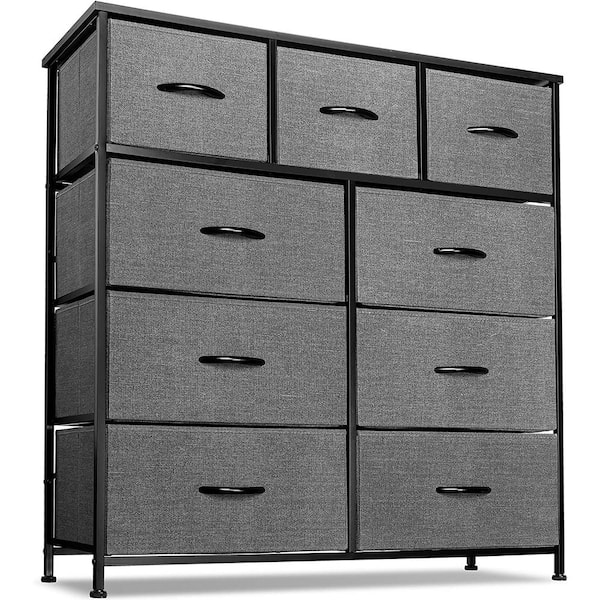 Sorbus 39.5 in. L x 11.5 in. W x 39.5 in. H 9-Drawer Black Rustic Dresser with Steel Frame Wood Top Easy Pull Fabric Bins