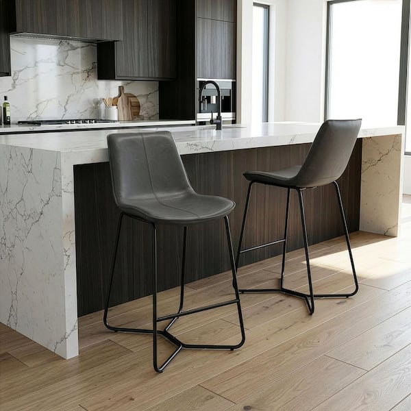 Amery 25.75 in. Grey Iron Frame Vintage Faux Leather Counter Stool (Set of 2)