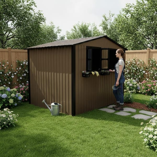 6 ft. W x 9 ft. D Outdoor Metal Storage Shed with Flower Racks and Windows in Brown (54 sq. ft.)