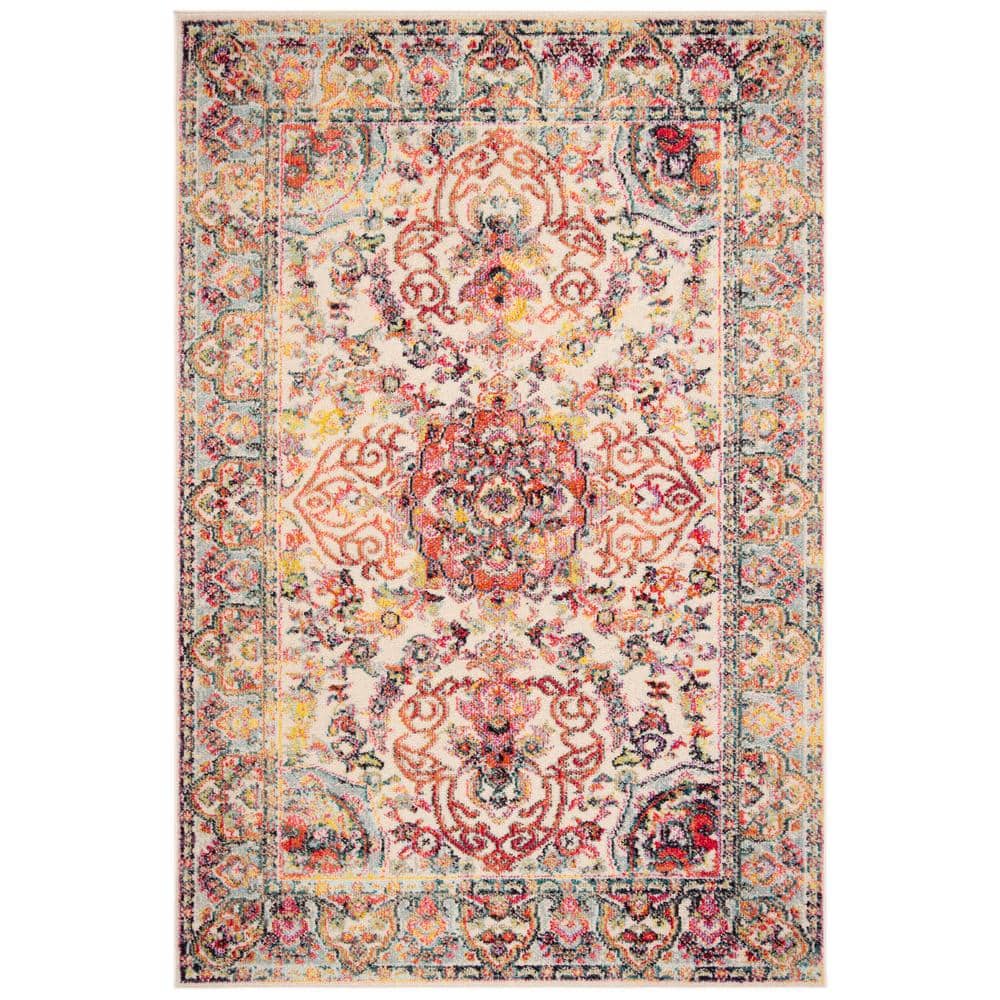 Ivory and Red Round Synthetic Hand-knotted Rug