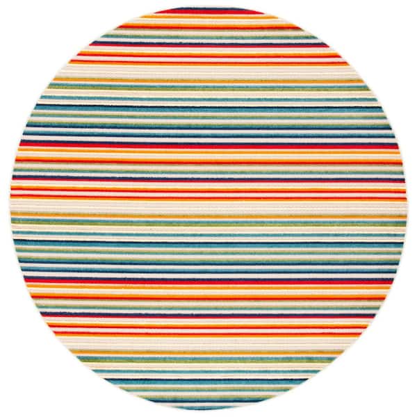 Cabana Ivory/Green 5 ft. x 5 ft. Striped Indoor/Outdoor Round Area Rug
